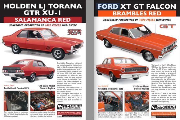 1/18 Ford XT GT Falcon – Brambles Red. 1/18 Holden LJ Torana GTR XU-1 – Salamanca Red