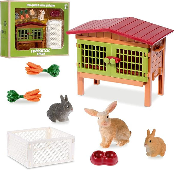 HAND PAINTED RABBITS & HUTCH PLAYSET