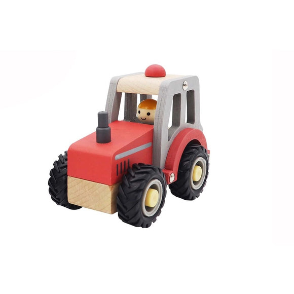 WOODEN TRACTOR W RUBBER WHEELS RED